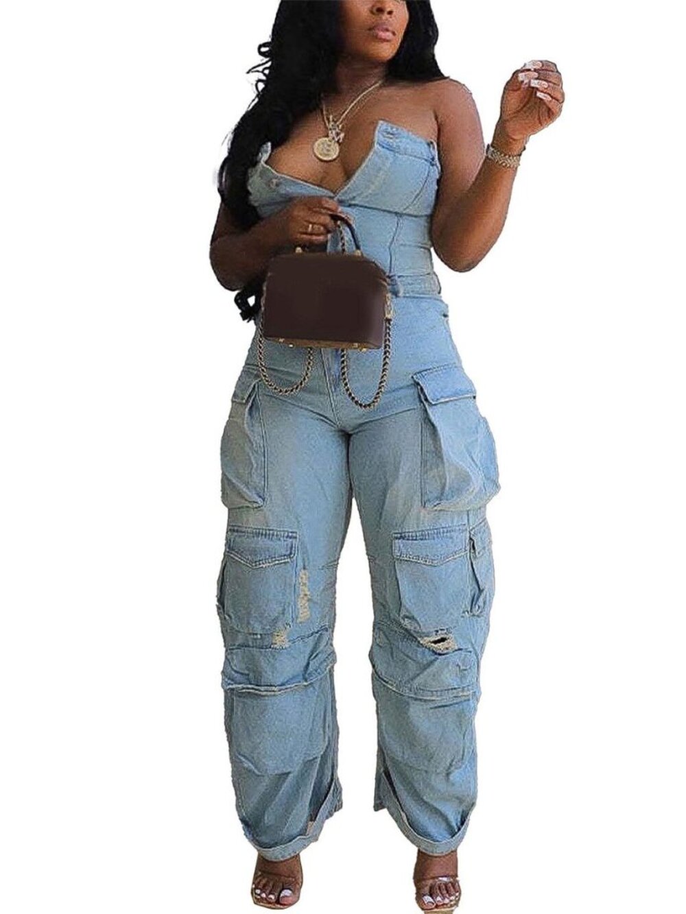 Women's Cargo Strapless Baggy Y2K Denim Multi Pocket Jeans Jumpsuit
